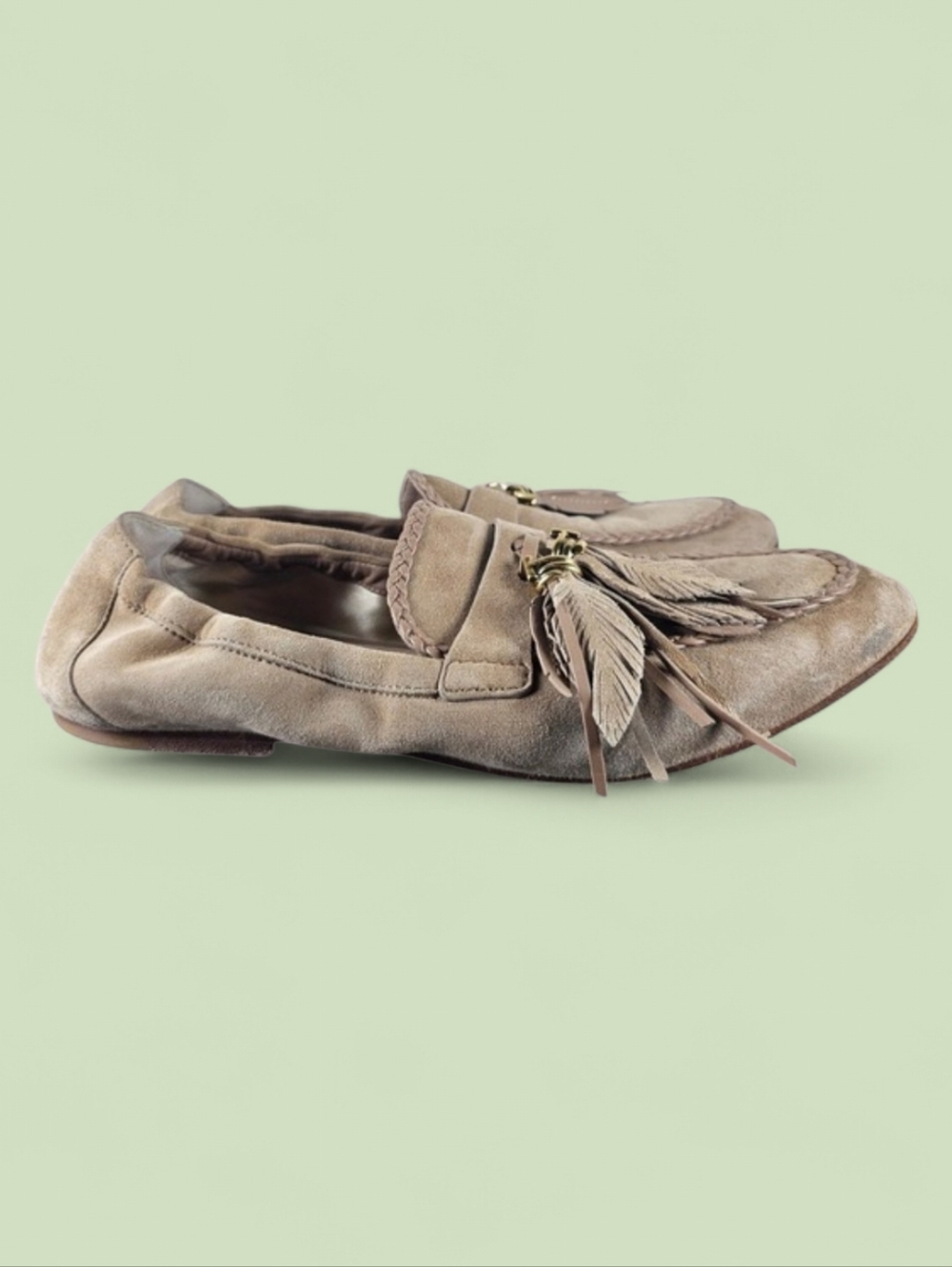 Tod's Tassel Beige Brown Suede Feather Braids Accents Loafers sz EU 38 US 7.5